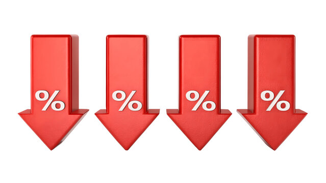 Four red percentage down arrows isolated on transparent background