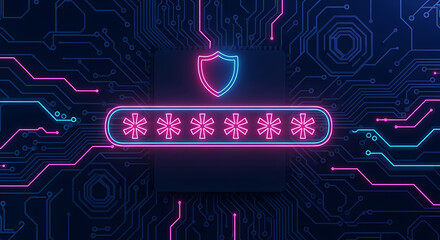 Cybersecurity password protection glowing neon design illustrating secure data encryption privacy and safe access in digital online networks and computer systems