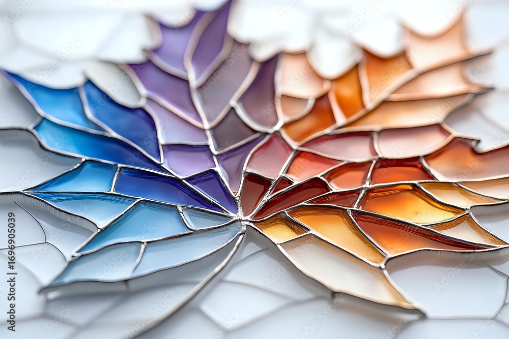 Poster abstract geometric pattern with layered paper shapes in gradient colors from blue to purple and oran