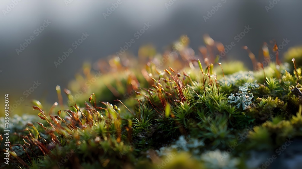 Poster vibrant green moss with tiny red sporophytes growing on forest floor in macro shot, creating natural
