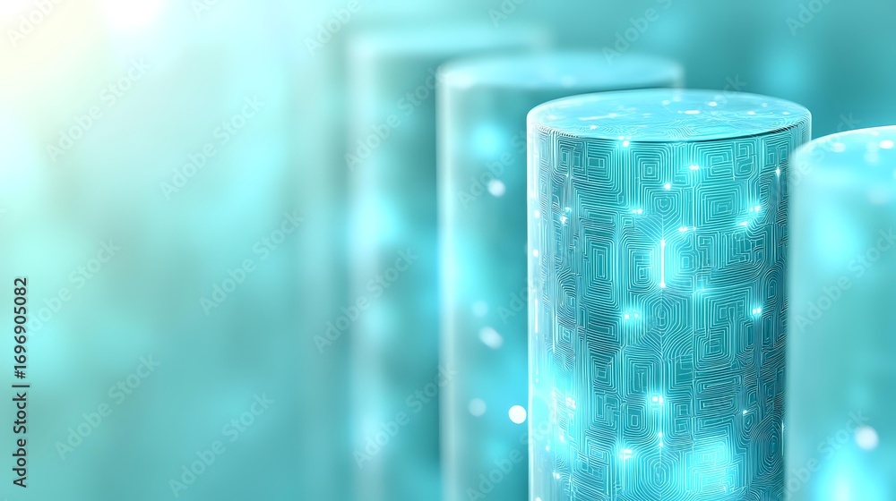 Poster glowing turquoise cylindrical shapes with digital circuit patterns and light particles create futuri