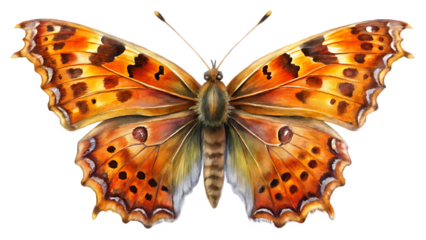 Watercolor illustration of a orange butterfly isolated on transparent background