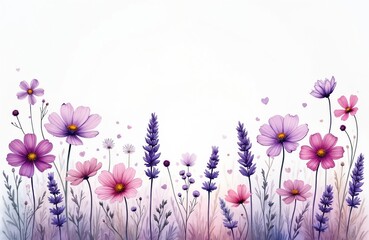 Obraz premium Watercolor wildflowers bloom with gentle pink, purple hues against soft white background. Delicate petals, lavender stalks create dreamy, natural scene. Small heart shapes float subtly, adding touch