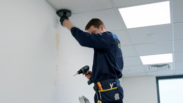Technician Installing Security Camera in Modern Office - A technician in a dark blue uniform installs a dome security camera on the ceiling of a modern office.