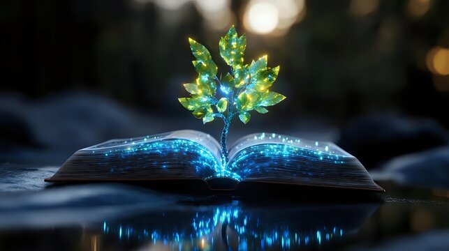 Magical glowing plant growing from open book pages with water drops and bokeh lights, fantasy education concept for spiritual growth and wisdom.