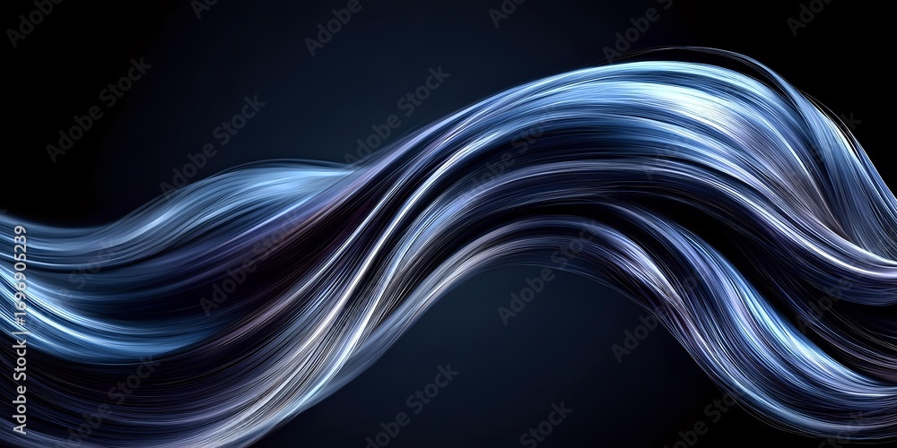 Poster flowing abstract waves in blue and purple colors create dynamic motion effect on dark background. el