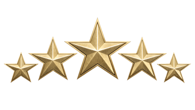 Five golden stars isolated on transparent background are displayed