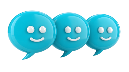 Three blue speech bubbles with smiling faces isolated on transparent background