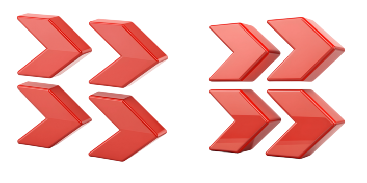 Four pairs of red arrows point to the right direction isolated on transparent background