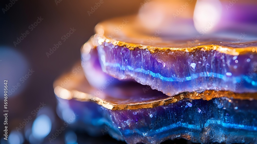 Poster vibrant blue and purple agate crystal slices with golden edges displayed on dark background, showing