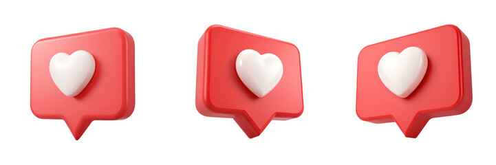 Three red like notification icons isolated on transparent background