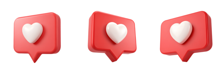 Three red like notification icons isolated on transparent background