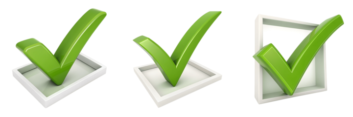 Three green check marks isolated on transparent background appear