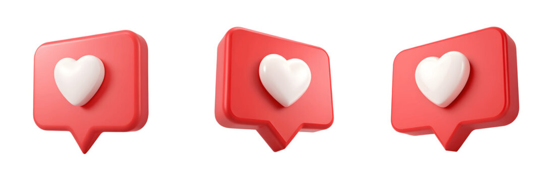 Three red like notification icons isolated on transparent background