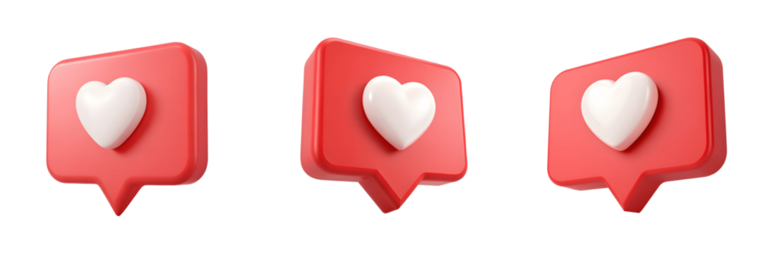 Three red like notification icons isolated on transparent background