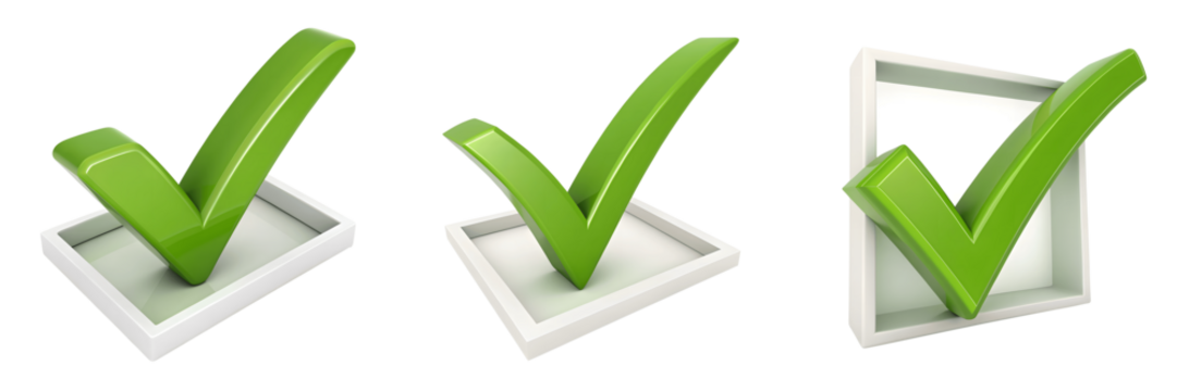 Three green check marks isolated on transparent background appear
