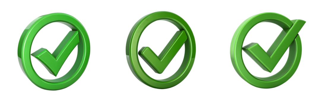 Three green check marks isolated on transparent background appear