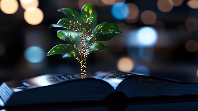 Magical glowing plant growing from open book pages against dark background with bokeh lights, symbolizing knowledge growth and wisdom enlightenment.