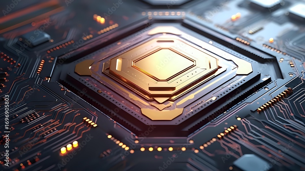 Poster glowing hexagonal processor core on dark circuit board with orange light effects and intricate elect