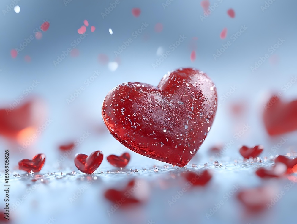 Aufkleber red crystal heart on snowy surface with scattered smaller hearts and bokeh lights creating romantic 