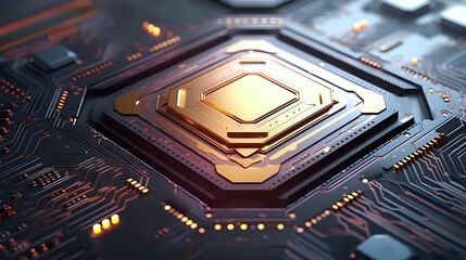 Glowing hexagonal processor core on dark circuit board with orange light effects and intricate electronic pathways, modern computing technology background.