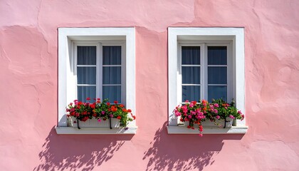 Pink stucco wall with white framed windows and flowers