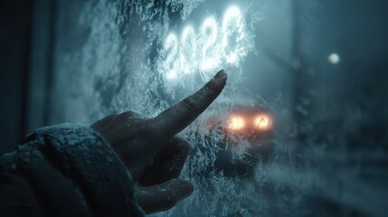 Hand Points to 2020 in a Frozen Scene.
