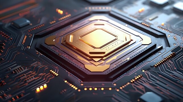 Glowing hexagonal processor core on dark circuit board with orange light effects and intricate electronic pathways, modern computing technology background. - Powered by Adobe