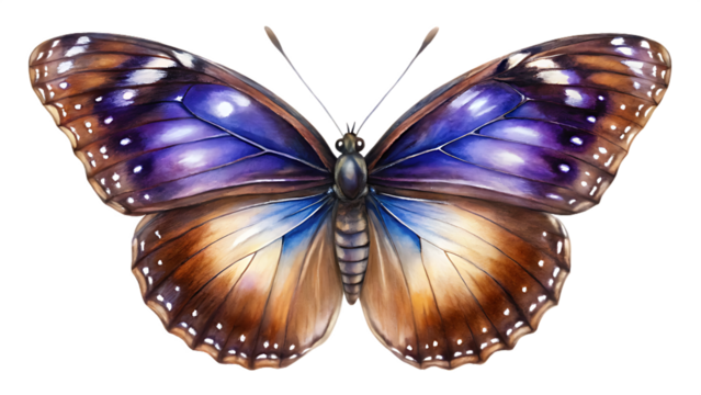 Watercolor butterfly isolated on transparent background with brown and purple wings