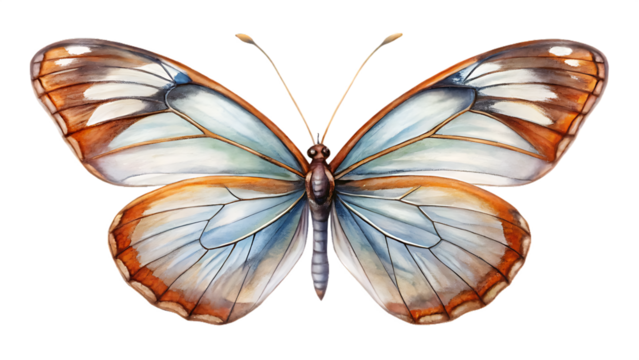 Watercolor butterfly isolated on transparent background with brown and blue wings