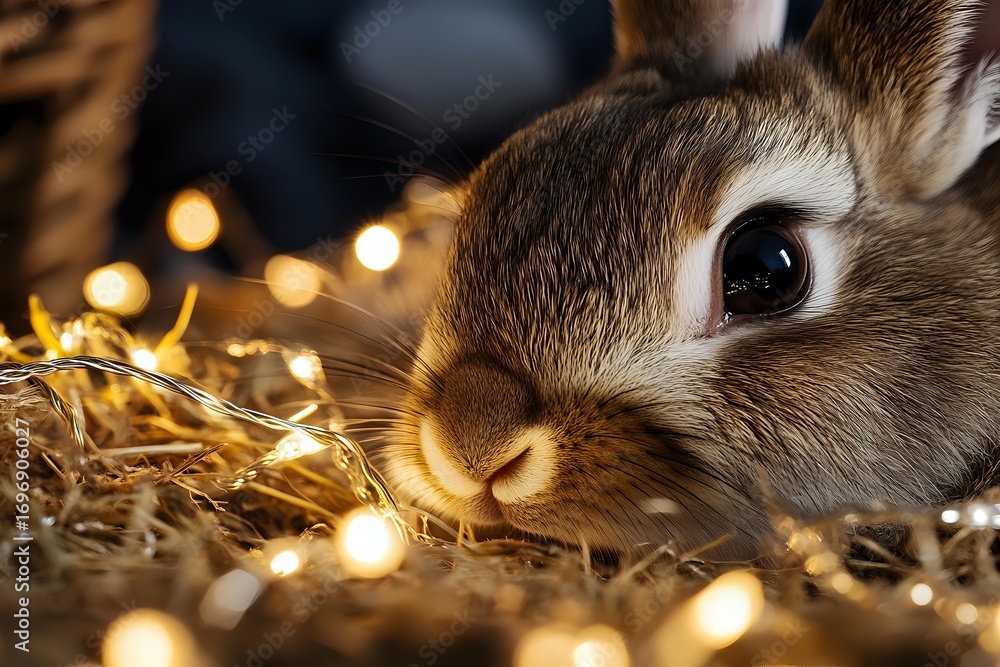 Poster close up portrait of brown rabbit with fairy lights creating magical bokeh effect on dark background