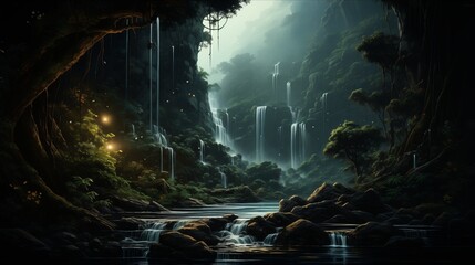 Obraz premium A serene waterfall flowing through a lush forest, illuminated by soft light and showcasing nature's beauty.