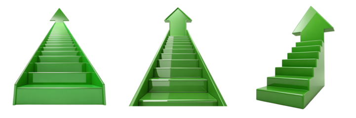 Three green staircase arrows pointing up isolated on white isolated on transparent background