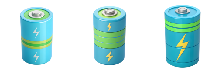 Three blue batteries with different charge levels on transparent background