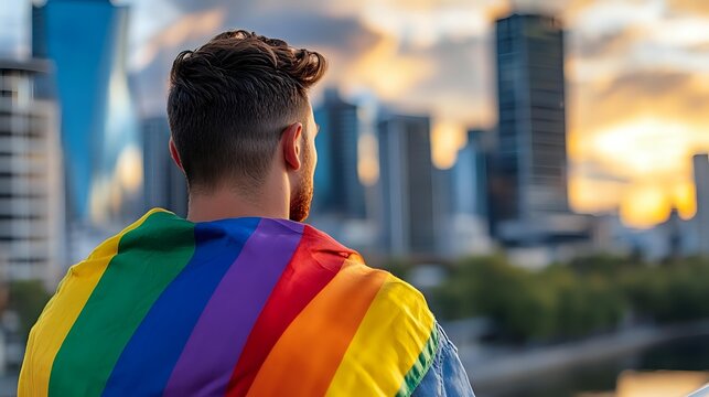 Young man wearing rainbow flag as cape looking at urban cityscape during dramatic sunset against modern skyscrapers and golden sky background.