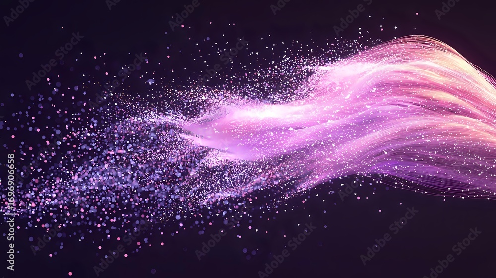 Poster magical pink glowing wave with sparkling particles flowing on dark background, cosmic energy stream 