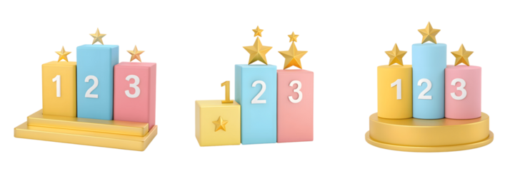 Three colorful podiums with gold stars isolated on transparent background