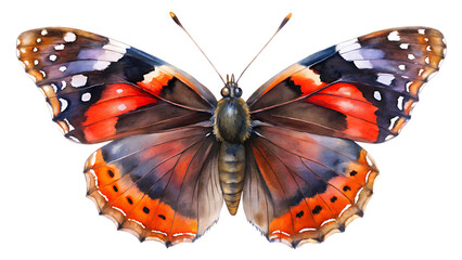 Watercolor painting of a red admiral butterfly isolated on transparent background