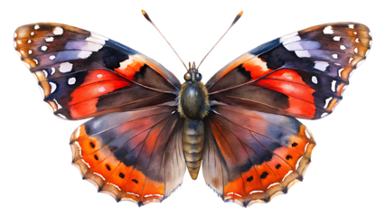 Watercolor painting of a red admiral butterfly isolated on transparent background
