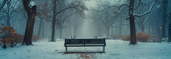 A tranquil winter scene featuring a solitary bench in a snow-covered park surrounded by bare trees.