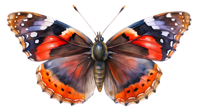 Watercolor painting of a red admiral butterfly isolated on transparent background