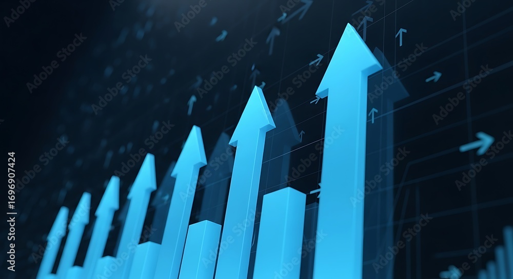 Aufkleber 3d rendering of upward trending blue arrows and bar graph on a dark grid background