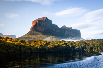 Tabletop mountain tepui in Canaima National Park, Venezuela at sunrise, with river and tree