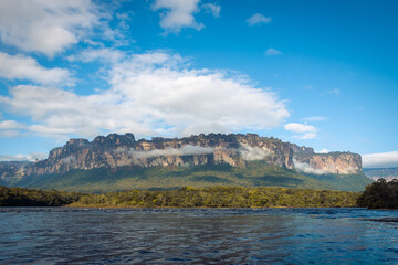 Tabletop mountain tepui in Canaima National Park, Venezuela at sunrise, with river and tree
