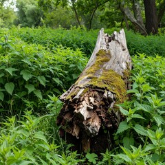 Fallen log in overgrown field