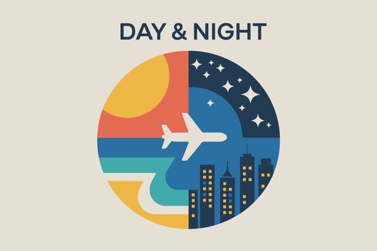 Illustration depicting day and night with airplane sun stars and city skyline in a circular design - Powered by Adobe