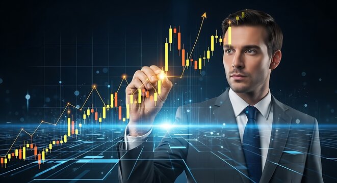 Businessman analyzing stock market graph with futuristic digital interface - Powered by Adobe