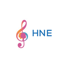HNE “Colorful music logo with human faces and treble clef design” HNE Later Logo, “Creative music academy logo with silhouette heads and notes” 
