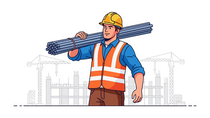 Construction Worker and Steel Bars: This illustration captures a determined construction worker carrying a bundle of steel bars.