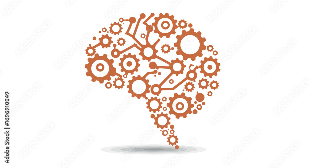 Poster abstract brain made of gears with circuit connections in a minimalist design